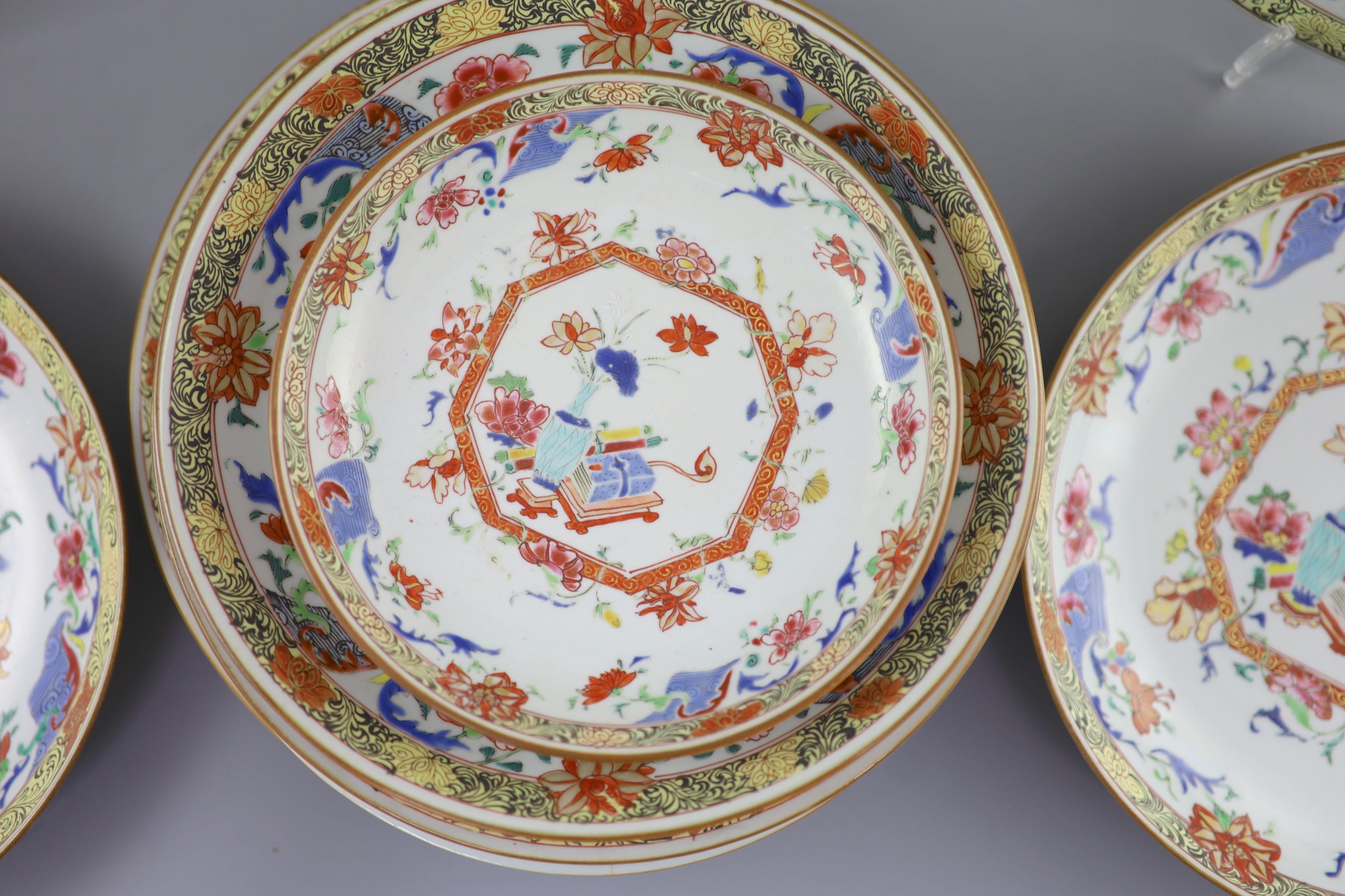 A suite of Qianlong famille rose porcelain: large dish and ten smaller dishes